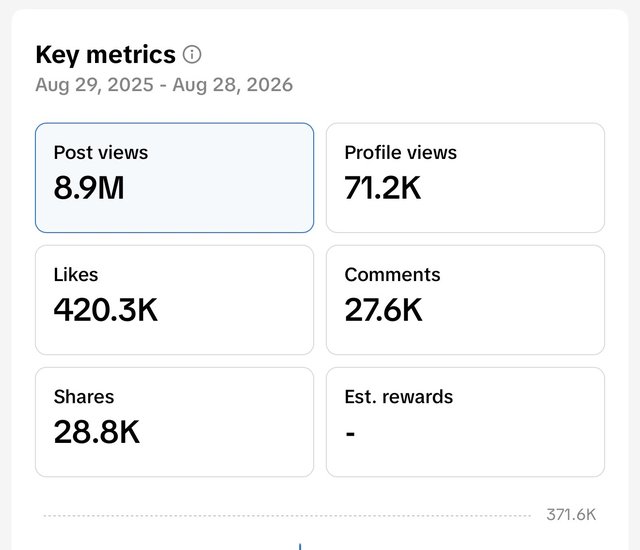 TikTok analytics for @adzisntreal showing 8.9M post views over 365 days